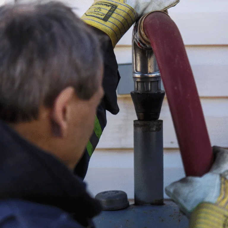 Gloved technician connecting a red delivery hose to an oil tank fill pipe