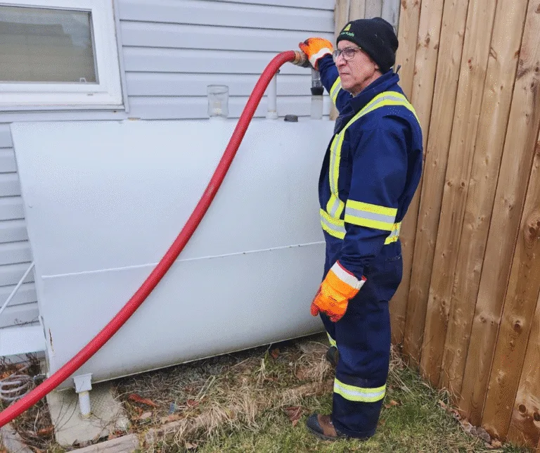 Mercer Fuels delivery technician holding a hose beside an outdoor oil tank