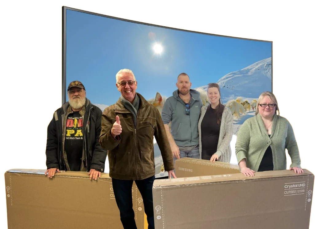 Mercer Fuels past TV giveaway artwork showing five people with boxed televisions; yellow backdrop removed.