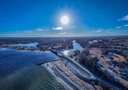 winter aerial view of the Mira River at Mira Gut, Cape Breton