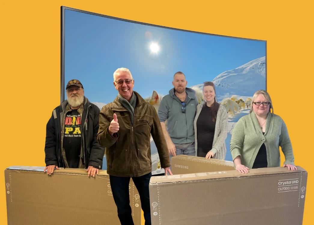 Mercer Fuels giveaway artwork showing five people with boxed televisions against a gold background.